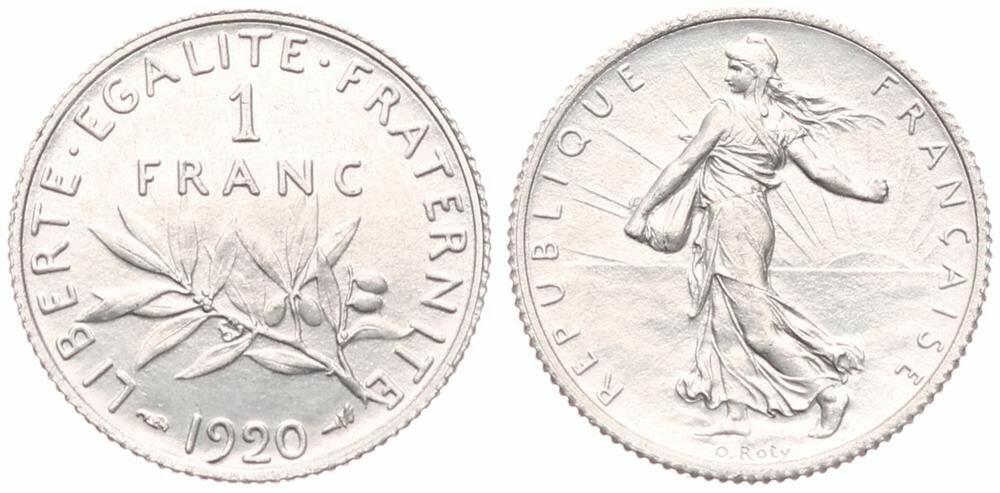  France, Republic, 1 Franc Silver 1920, Figure sowing seed   