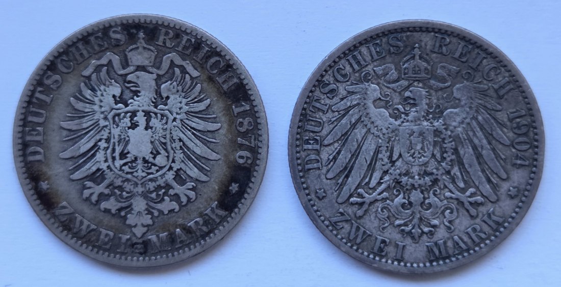  Kaiserreich: Preußen, 2 Mark Wilhelm I. + Wilhelm II. (1876 A + 1904)   