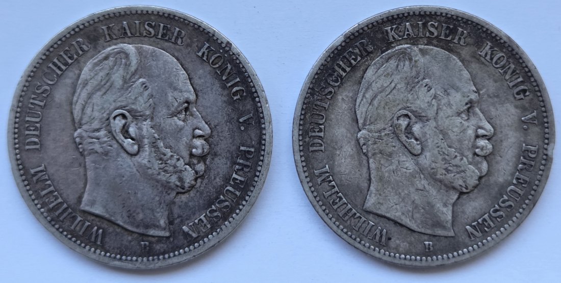  Kaiserreich: Preußen, 5 Mark Wilhelm I. (Jaeger 97), 2 Stück (1875 B + 1876 B)   