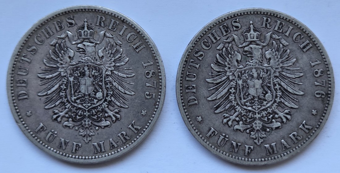  Kaiserreich: Preußen, 5 Mark Wilhelm I. (Jaeger 97), 2 Stück (1875 B + 1876 B)   