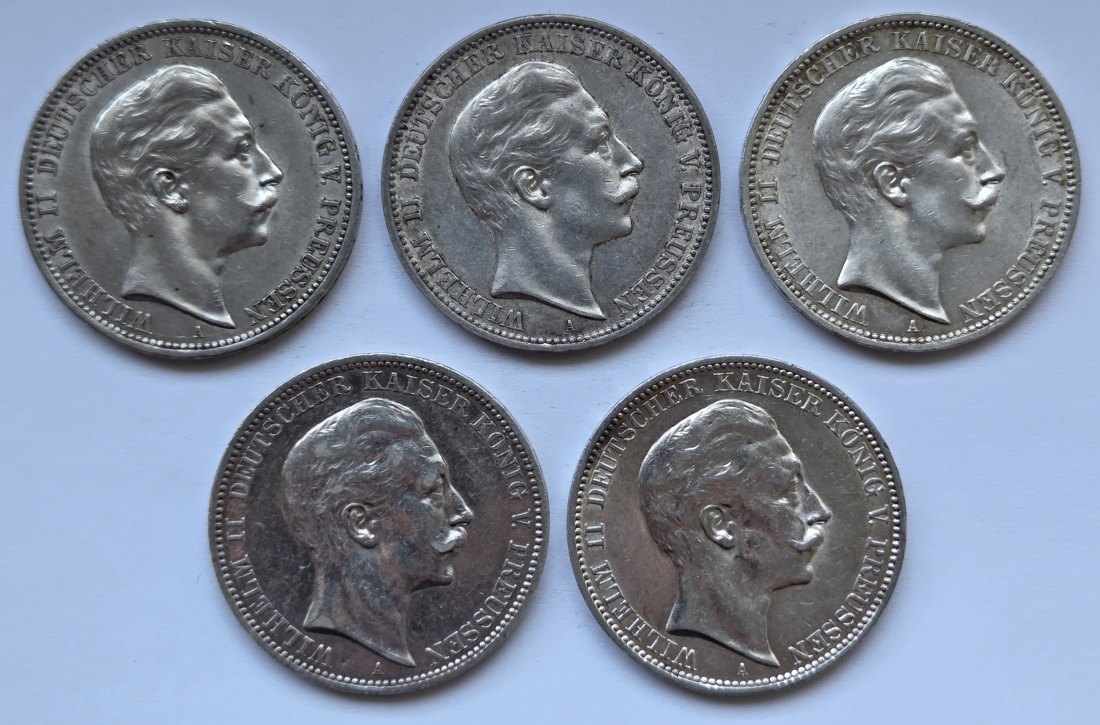  Kaiserreich: Preußen, 3 Mark Wilhelm II. (Jaeger 103), 5 Stück (1908-1912)   