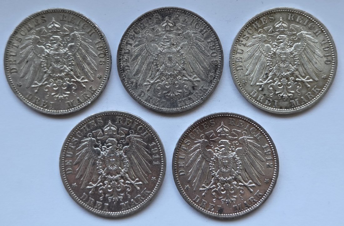  Kaiserreich: Preußen, 3 Mark Wilhelm II. (Jaeger 103), 5 Stück (1908-1912)   