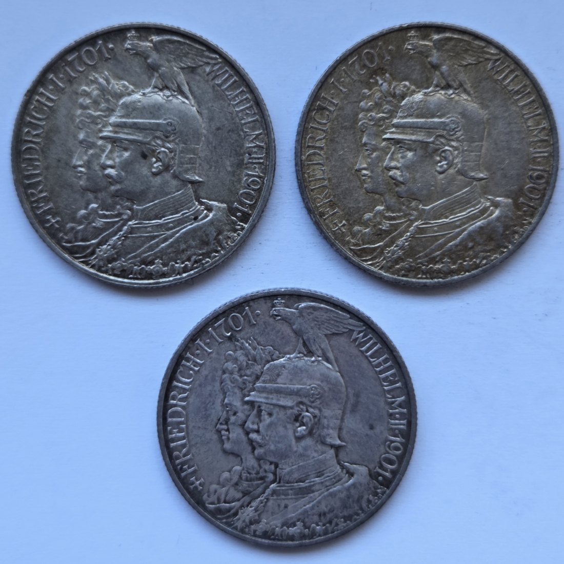  Kaiserreich: Preußen, 2 Mark 200 Jahre Königreich 1901 (Jaeger 105), 3 Stück   