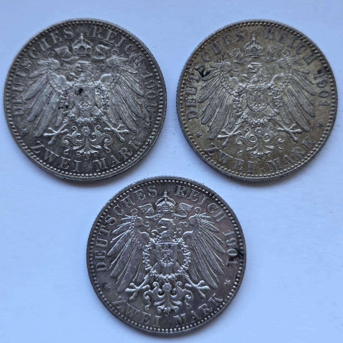  Kaiserreich: Preußen, 2 Mark 200 Jahre Königreich 1901 (Jaeger 105), 3 Stück   