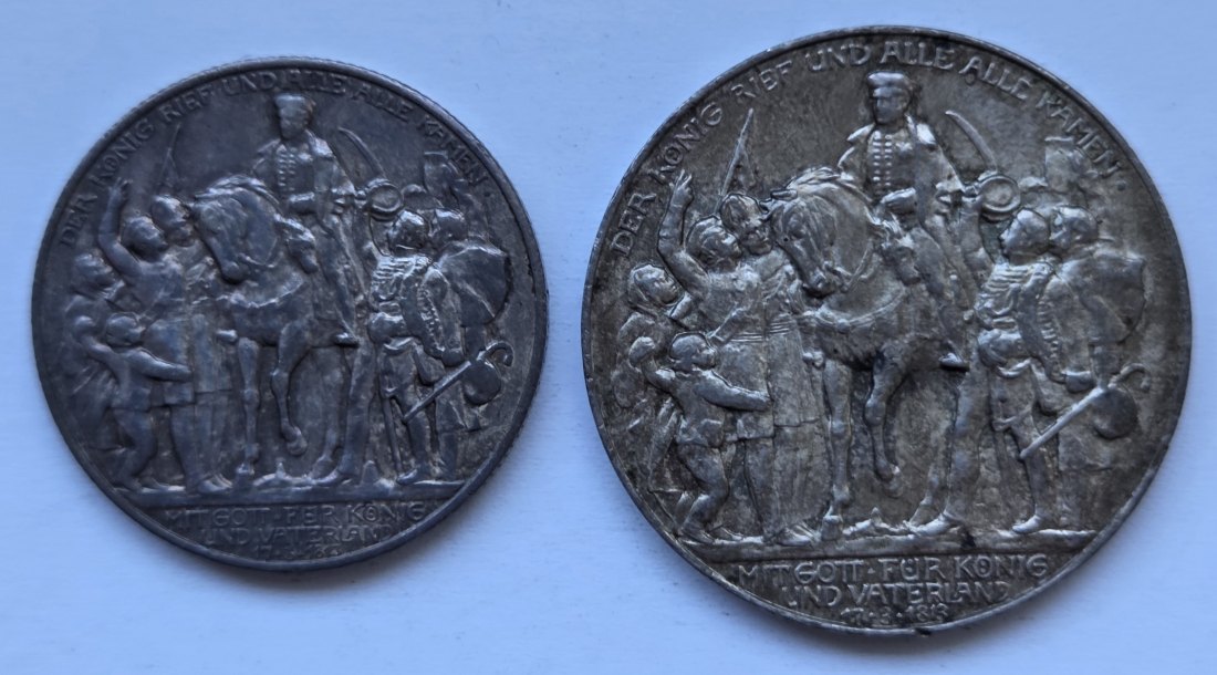  Kaiserreich: Preußen, 2 + 3 Mark Befreiungskriege 1913 (Jaeger 109 + 110)   