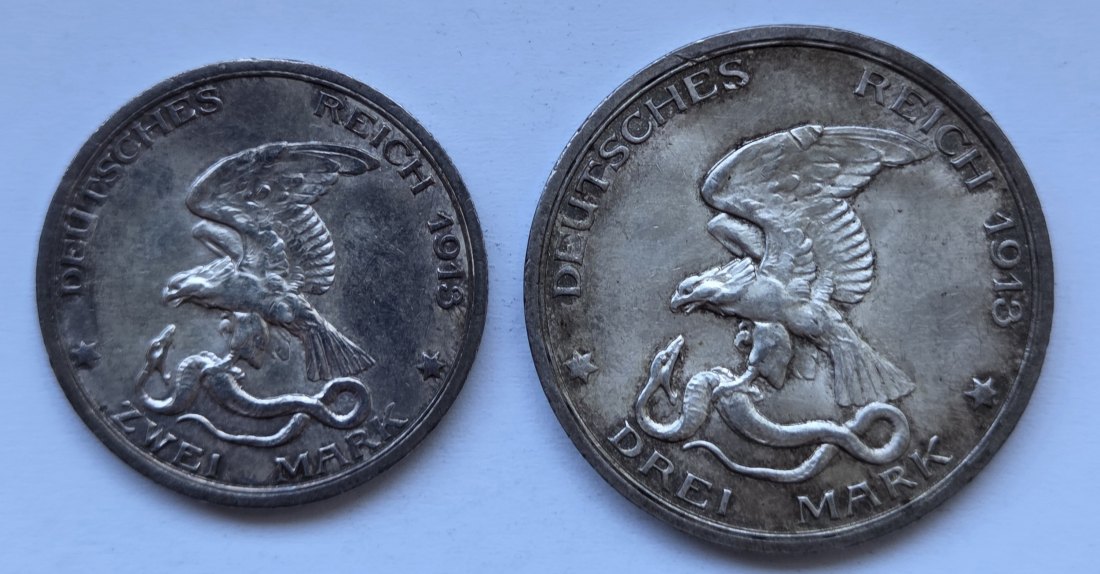  Kaiserreich: Preußen, 2 + 3 Mark Befreiungskriege 1913 (Jaeger 109 + 110)   