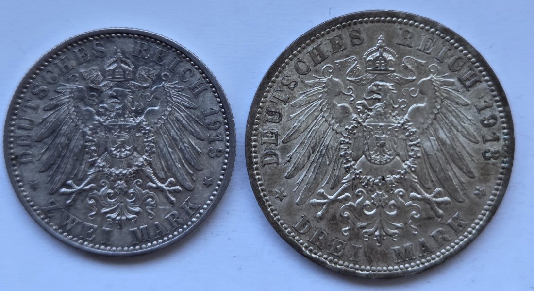  Kaiserreich: Preußen, 2 + 3 Mark Wilhelm in Uniform 1913 (Jaeger 111 + 112)   