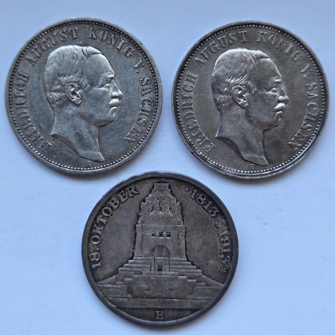  Kaiserreich: Sachsen, 3 x 3 Mark (1909 + 1912 + Völkerschlachtdenkmal)   