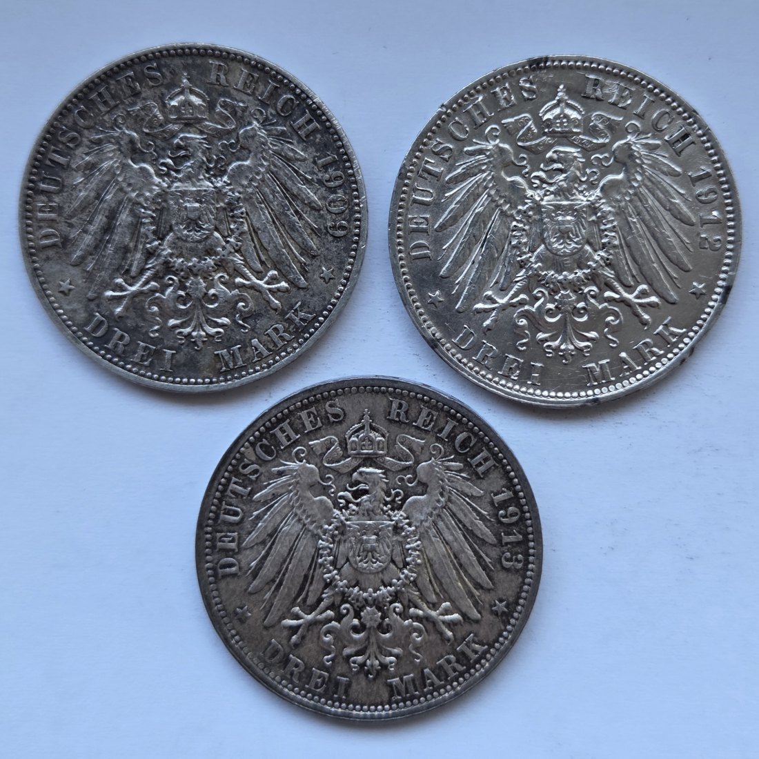  Kaiserreich: Sachsen, 3 x 3 Mark (1909 + 1912 + Völkerschlachtdenkmal)   