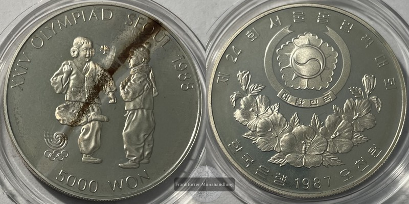  Korea-Süd  5000 Won  1987 Olympics Seoul Chegi-Kicking '88 FM-Frankfurt  Feinsilber: 15,55g   