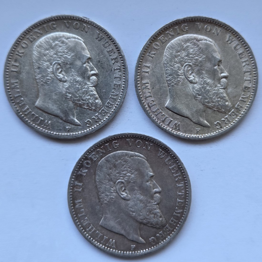  Kaiserreich: Württemberg, 3 Mark Wilhelm II. (Jaeger 175), 3 Stück (1908 + 1909 + 1910)   
