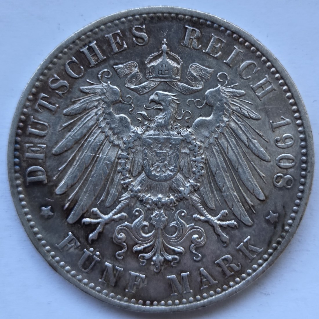 Kaiserreich: Württemberg, 5 Mark Wilhelm II. (Jaeger 176), 1908   
