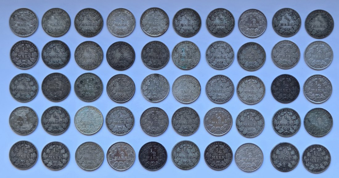  Kaiserreich: 50 x 1/2 Mark, zusammen 125 g Feinsilber   