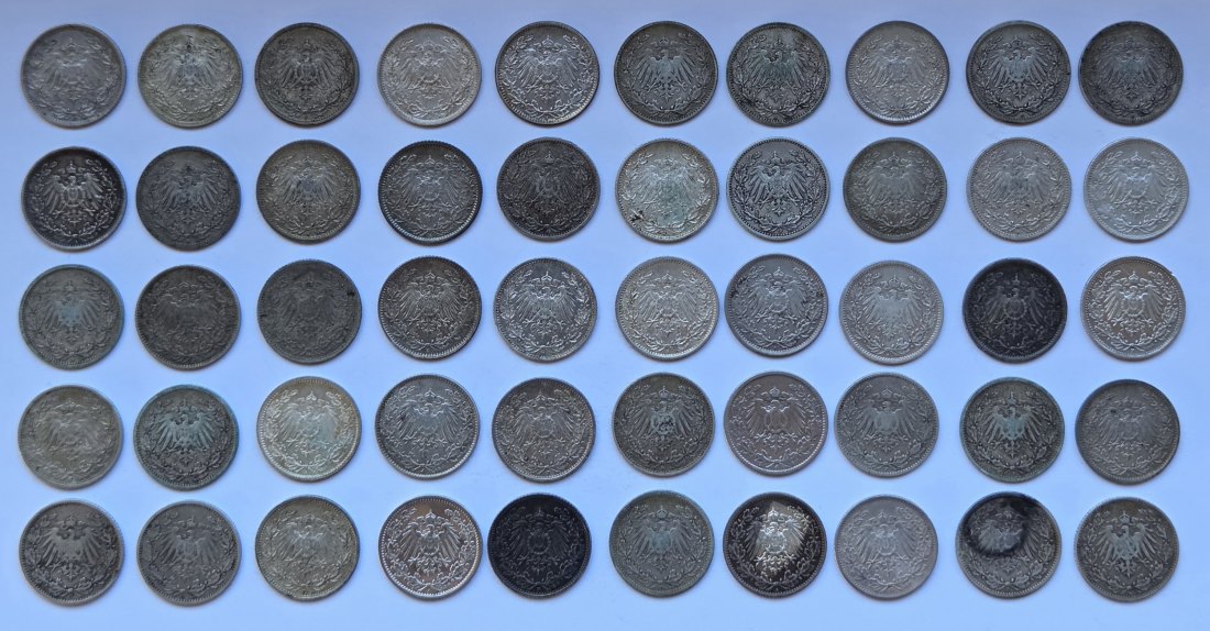  Kaiserreich: 50 x 1/2 Mark, zusammen 125 g Feinsilber   