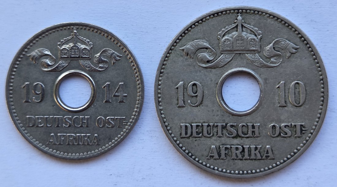  Deutsch-Ostafrika: 5 Heller 1914 J + 10 Heller 1910 J   