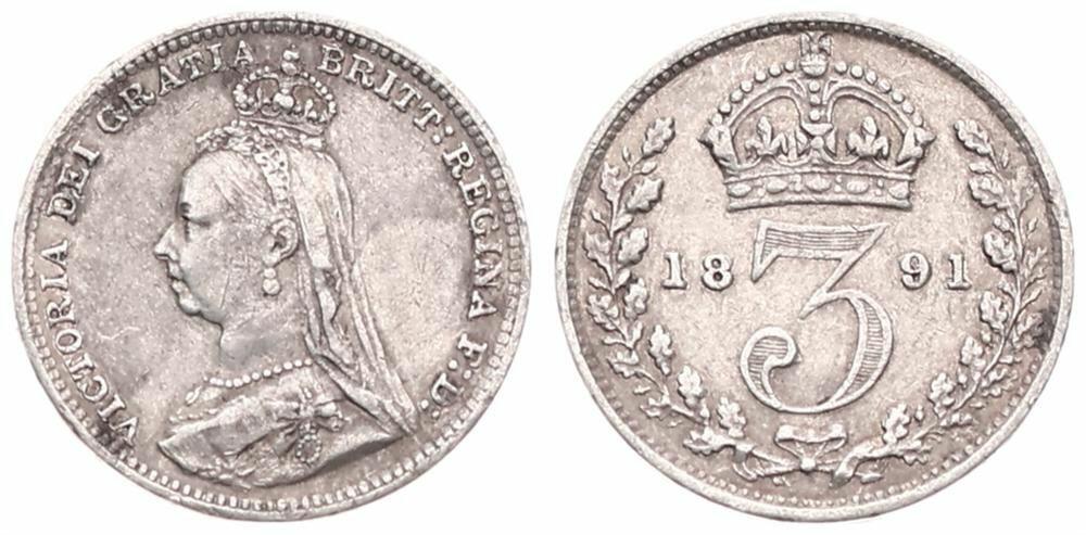  Great Britain, Kingdom, Victoria, 3 Pence Silver 1891   