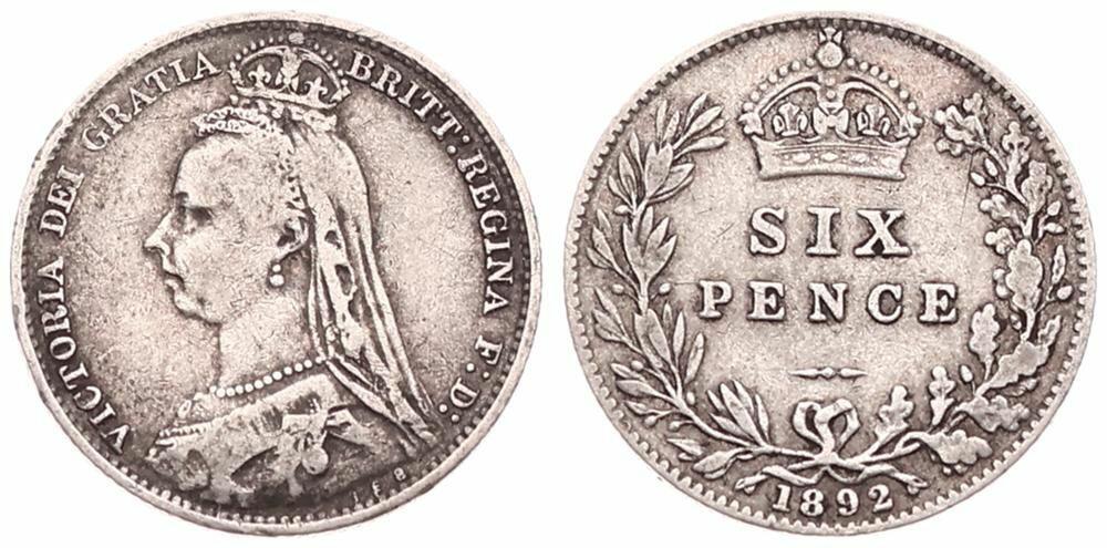  Great Britain, Kingdom, Victoria, 6 Pence Silver 1892   