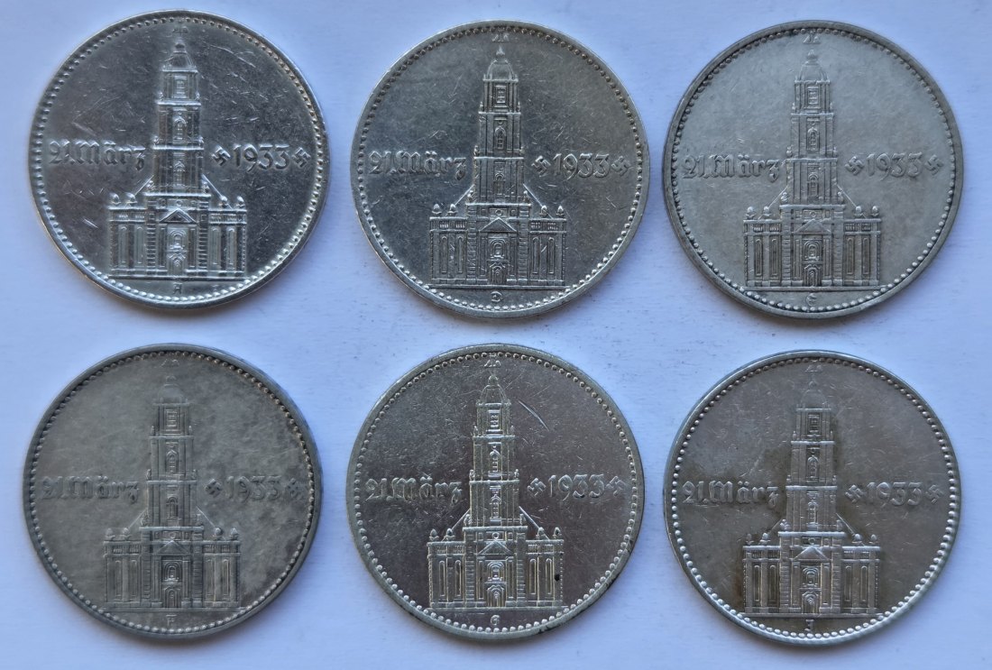  Deutsches Reich: 2 Mark Garnisonkirche 1934 (Jaeger 355), Komplettsatz (A-J), 30 g Feinsilber   