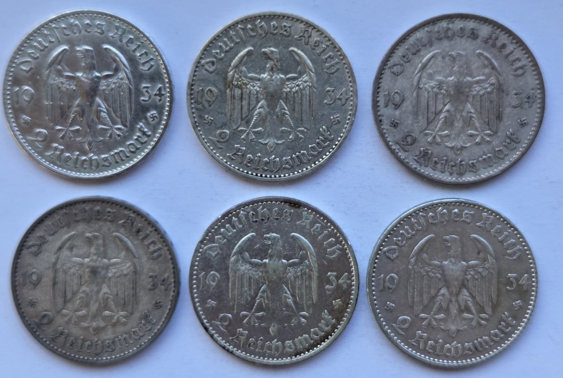  Deutsches Reich: 2 Mark Garnisonkirche 1934 (Jaeger 355), Komplettsatz (A-J), 30 g Feinsilber   