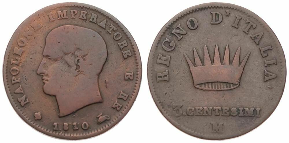  Italian States, Kingdom of Napoleon, Napoleon I, 3 Centesimi Copper 1810M   