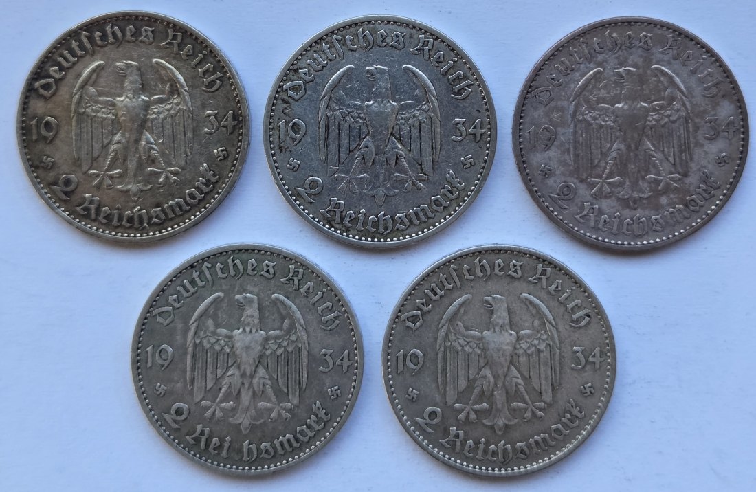  Deutsches Reich: 2 Mark Garnisonkirche 1934 (Jaeger 355), 5 Stück (alle A), zusammen 25 g Feinsilber   