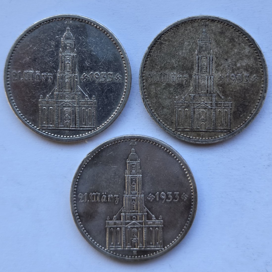  Deutsches Reich: 5 Mark Garnisonkirche 1934 (Jaeger 356), 3 Stück (A), zusammen 37,5 g Feinsilber   