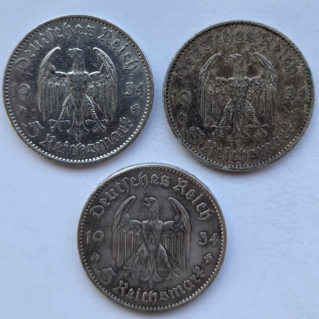  Deutsches Reich: 5 Mark Garnisonkirche 1934 (Jaeger 356), 3 Stück (A), zusammen 37,5 g Feinsilber   