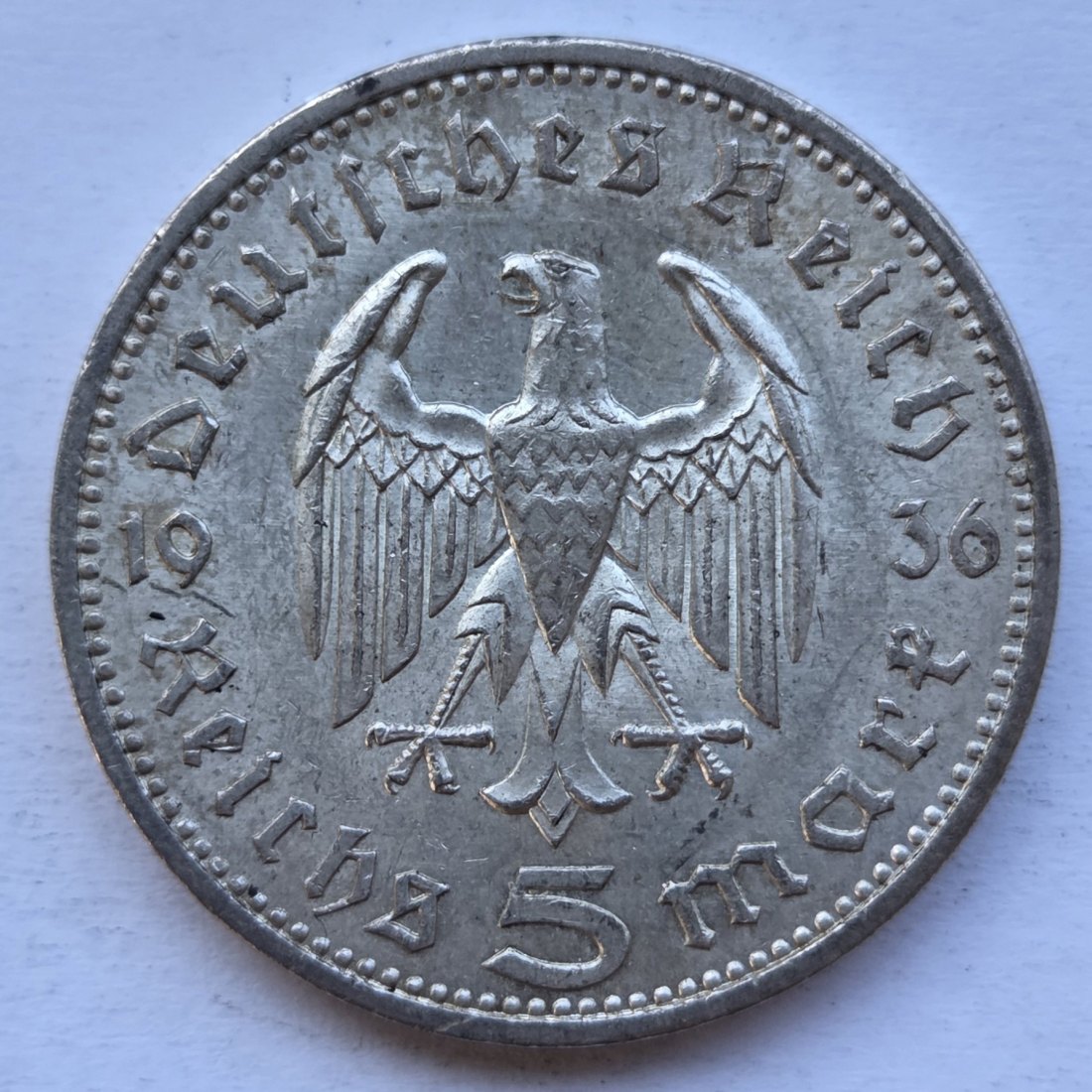  Deutsches Reich: 5 Mark Hindenburg (Jaeger 360), 1936 A, Top-Erhaltung   