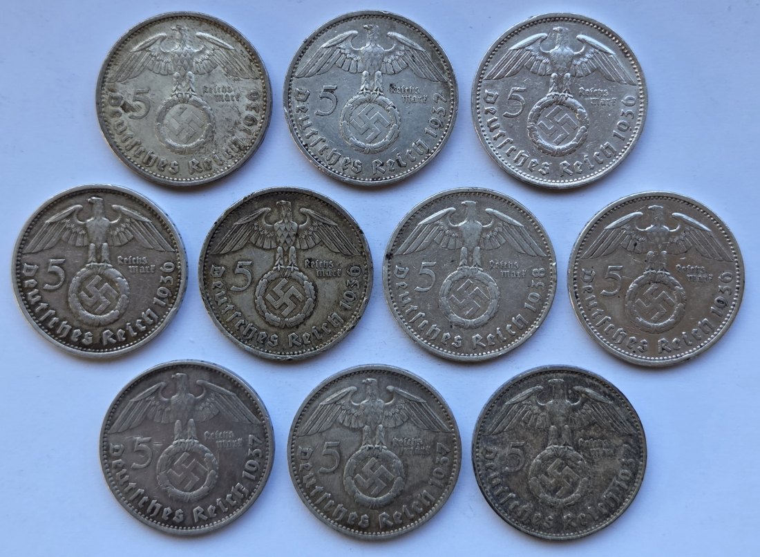  Deutsches Reich: 10 x 5 Mark Hindenburg, zusammen 125 g Feinsilber   