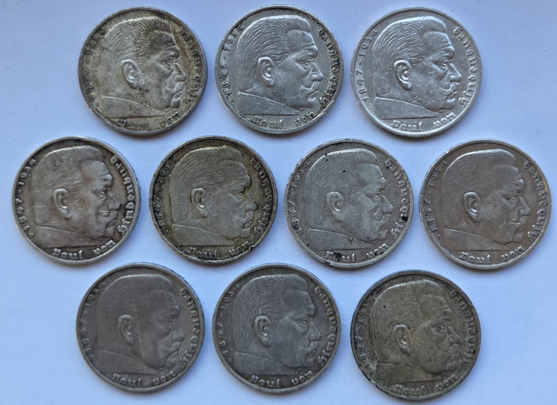  Deutsches Reich: 10 x 5 Mark Hindenburg, zusammen 125 g Feinsilber   