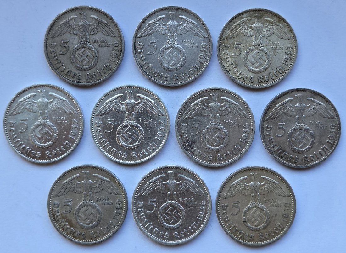  Deutsches Reich: 10 x 5 Mark Hindenburg, zusammen 125 g Feinsilber   