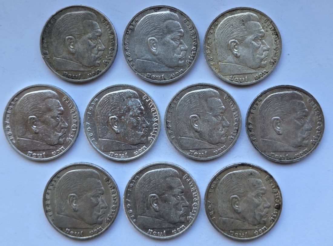  Deutsches Reich: 10 x 5 Mark Hindenburg, zusammen 125 g Feinsilber   