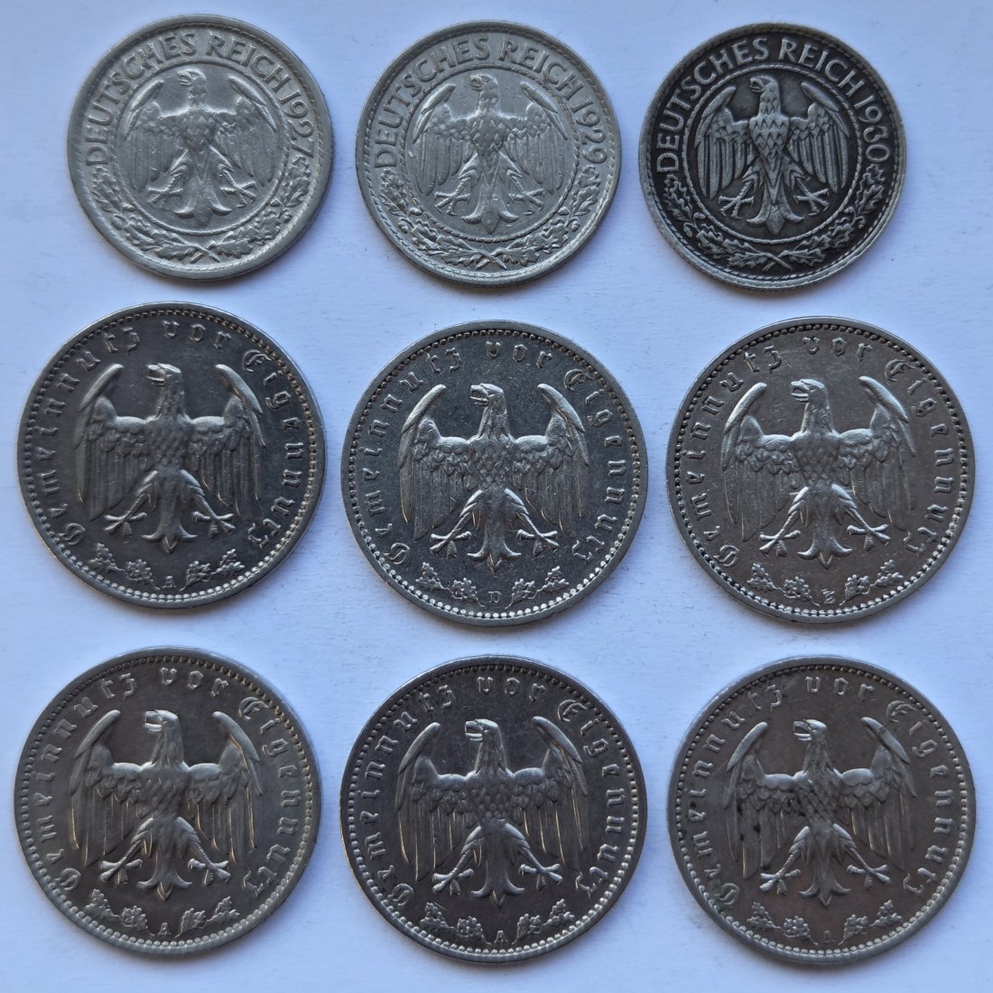  Deutsches Reich: Lot aus neun verschiedenen Jahrgängen 50 Pfennig/1 Mark Nickel   