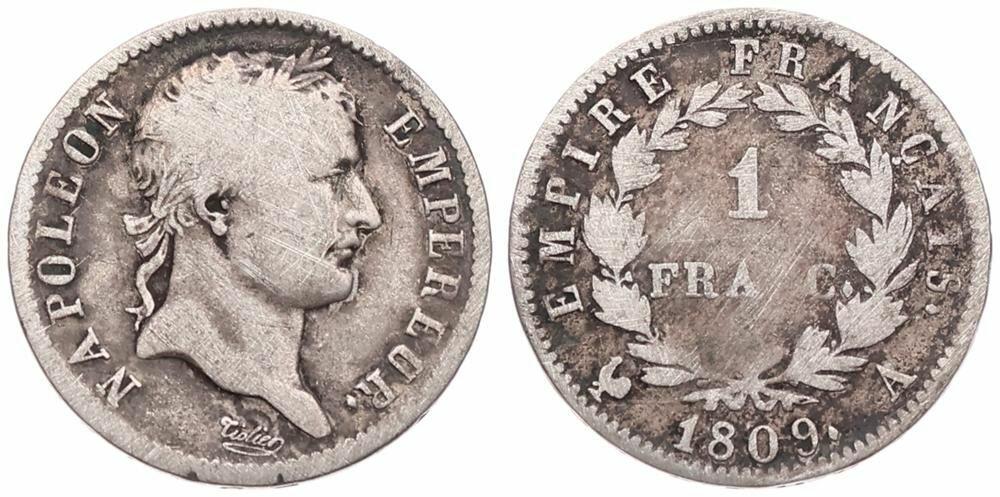  France, First Empire, Napoleon, 1 Franc Silver 1809A   