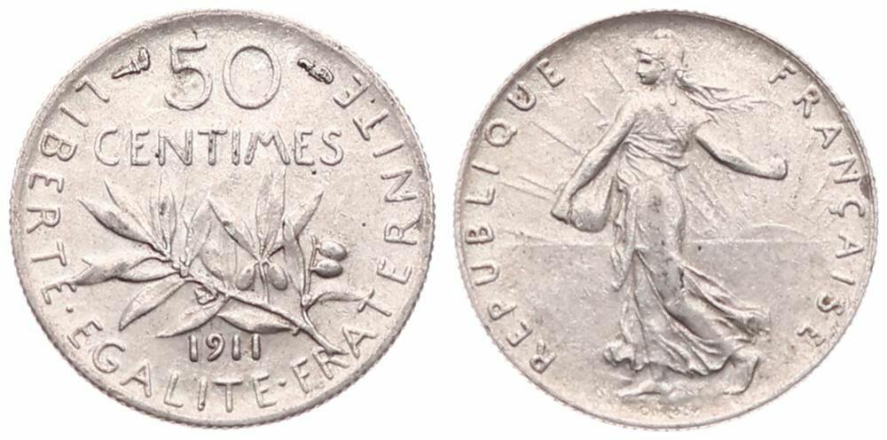  France, Republic, 50 Centimes Silver 1911, Figure sowing seed   