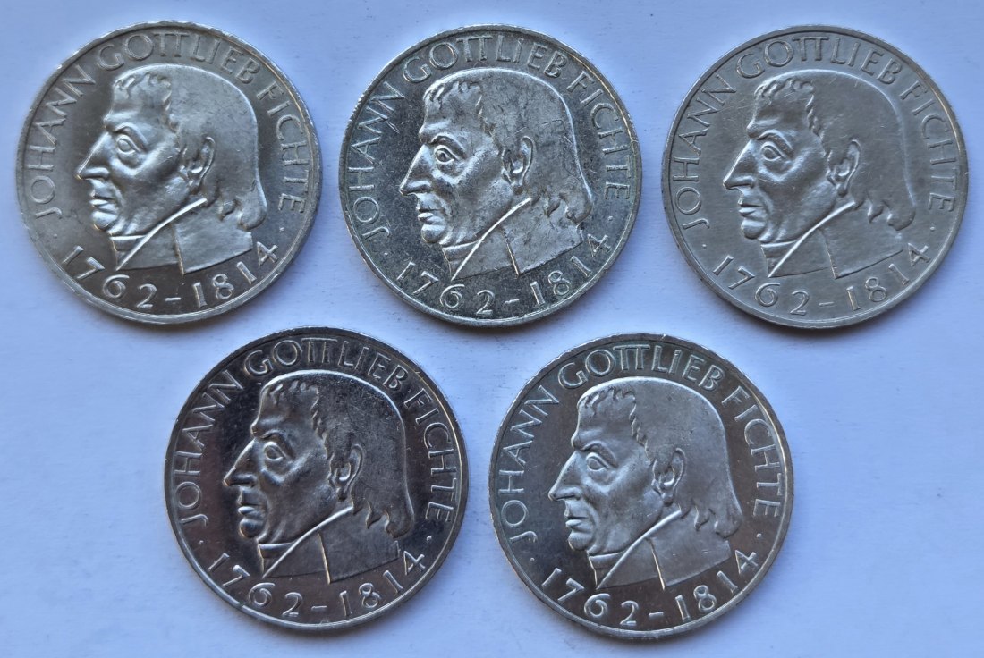  Deutschland: 5 DM Fichte 1964, 5 Stück, 35 g Feinsilber   