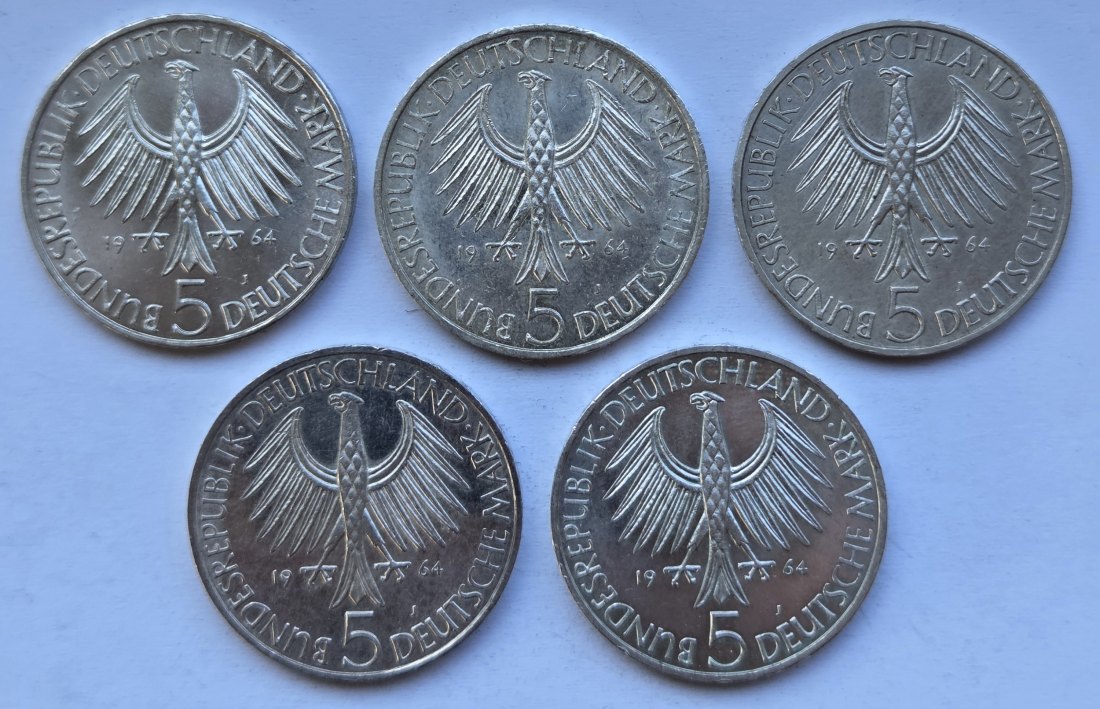  Deutschland: 5 DM Fichte 1964, 5 Stück, 35 g Feinsilber   