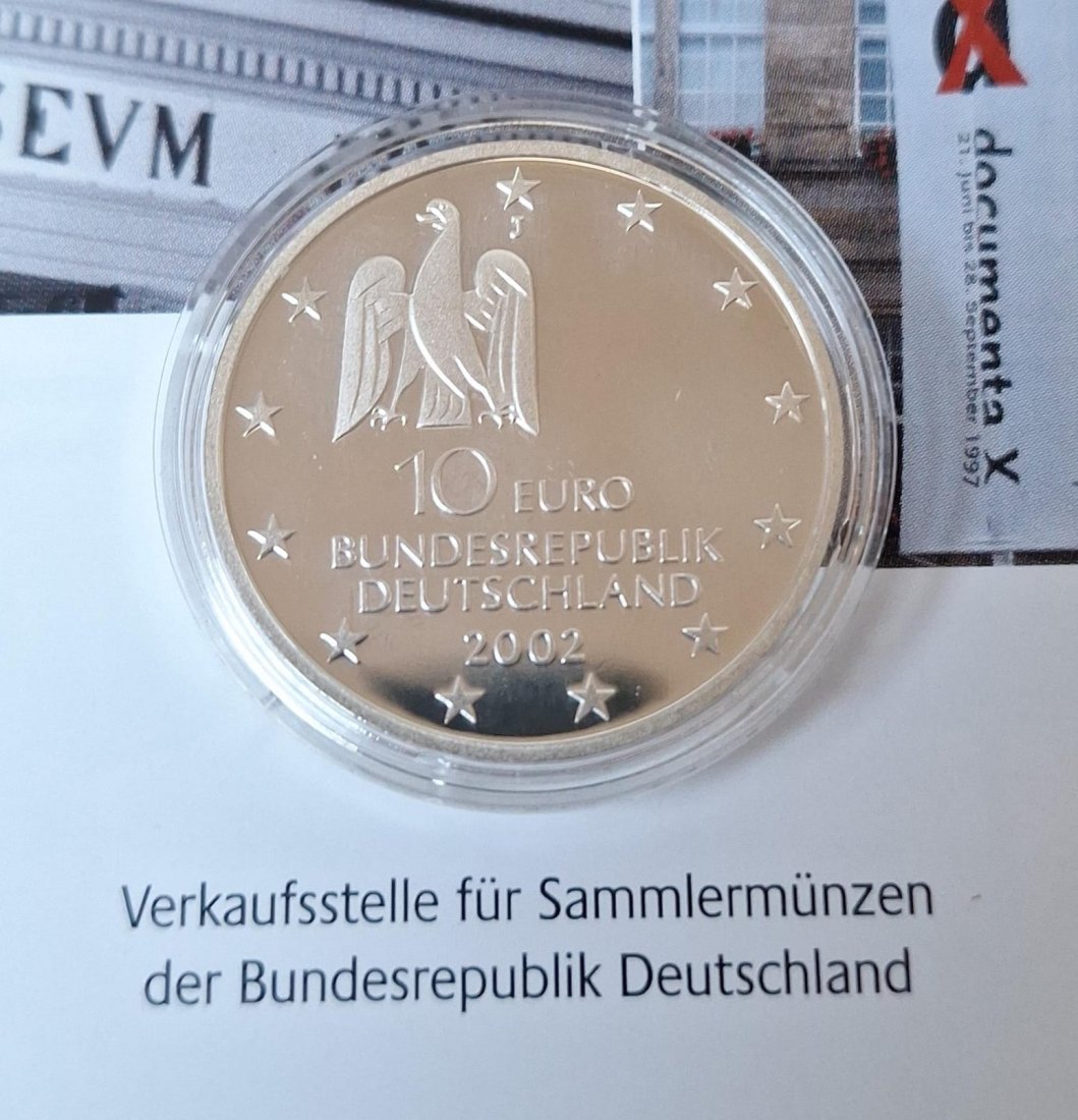  Silbermünze in PP: BRD, 10 Euro 2002 J, Documenta Kassel, PP, Feingewicht 16,65 Gramm   