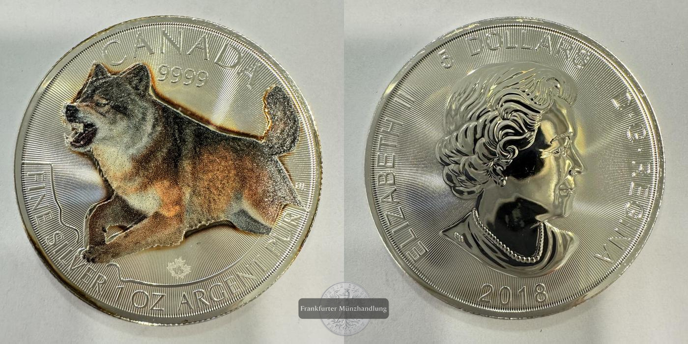  Kanada 5 Dollars (Elizabeth II) Wolf Coloured 2018 FM-Frankfurt Feinsilber: 31,1g   