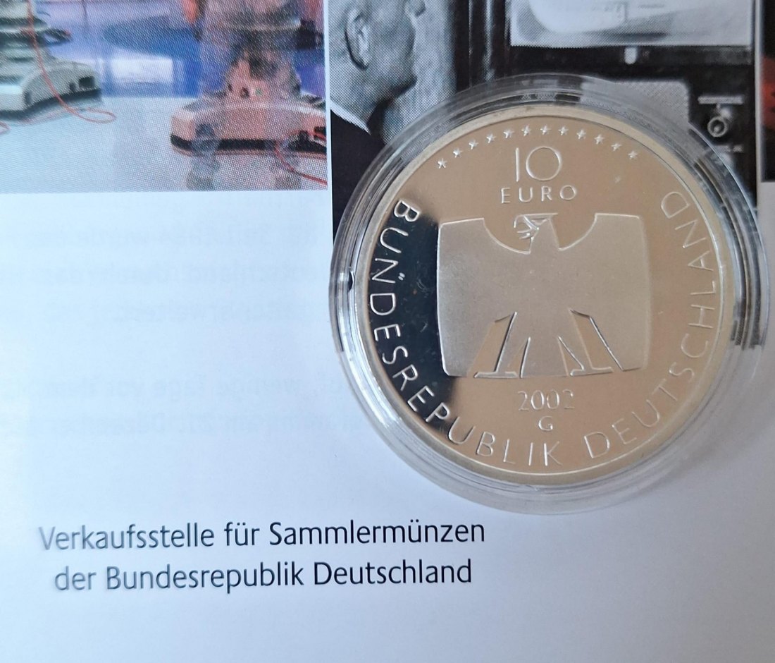  Silbermünze in PP: 10 Euro 2002 G, 50 Jahre Deutsches Fernsehen, Feingewicht 16,65 Gramm   