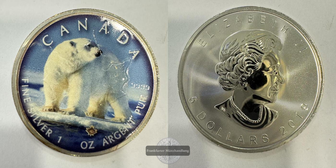  Kanada 5 Dollars (Elizabeth II) Polar Bear Coloured 2019 FM-Frankfurt Feinsilber: 31,1g   