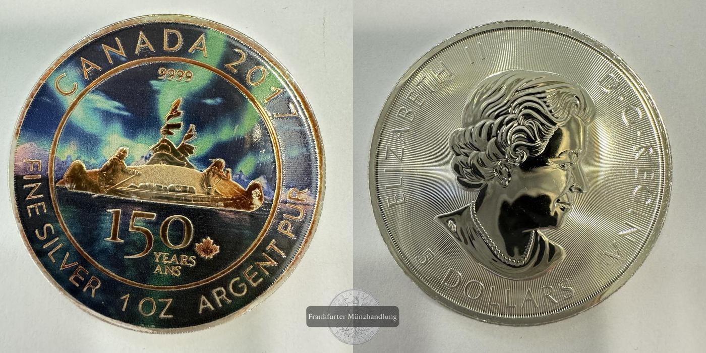  Kanada 5 Dollars (Elizabeth II) 150 Years Ans Coloured 2017 FM-Frankfurt Feinsilber: 31,1g   