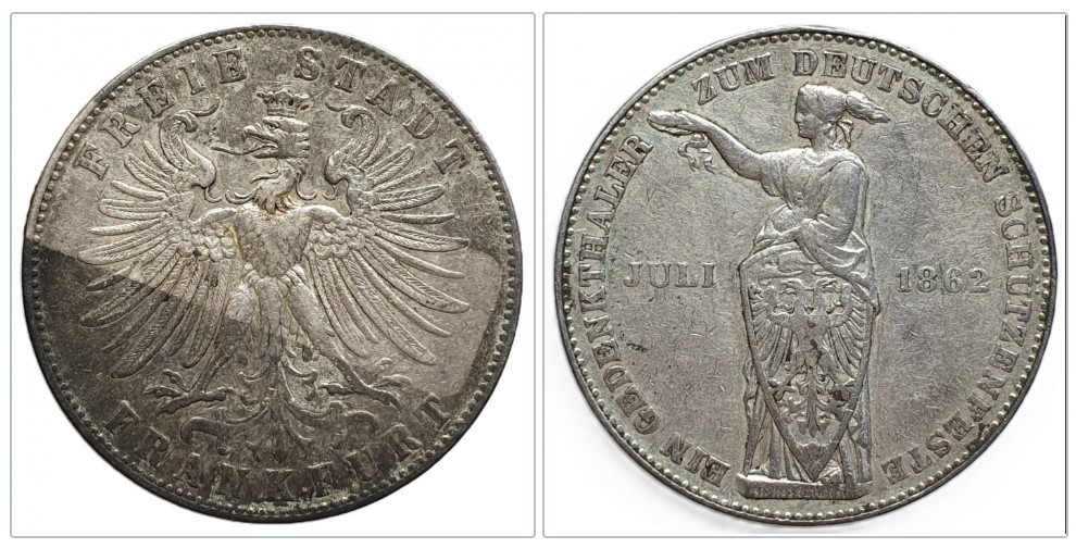  Frankfurt 1 Taler, 1862 Zum deutschen Schützenfeste Silber Sammlermünze Henkelspur, siehe Foto   