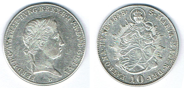  SZAIVERT KAISERREICH ÖSTERREICH UNGARN FERDINAND I. 10 KREUZER 1848 B   