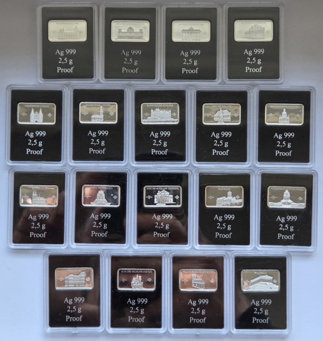  18 verschiedene 2,5-Gramm-Feinsilber-Barren von LEV, zusammen 45 g Feinsilber   