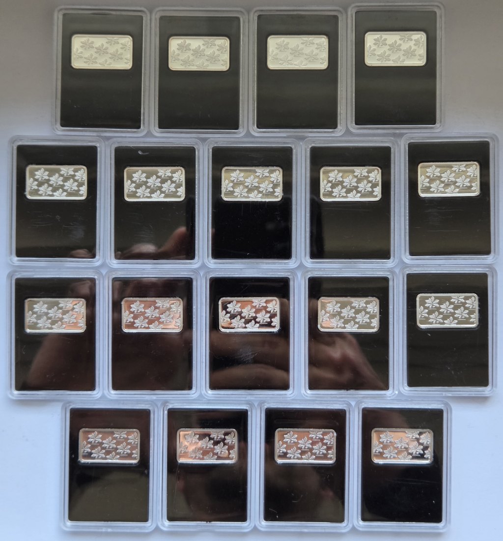  18 verschiedene 2,5-Gramm-Feinsilber-Barren von LEV, zusammen 45 g Feinsilber   