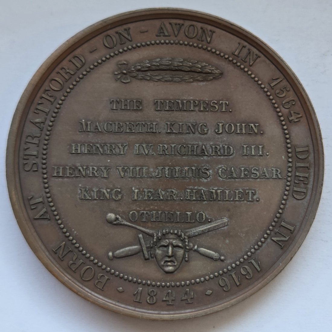 Bronzemedaille auf den 280. Geburtstag Shakespeares von 1844   