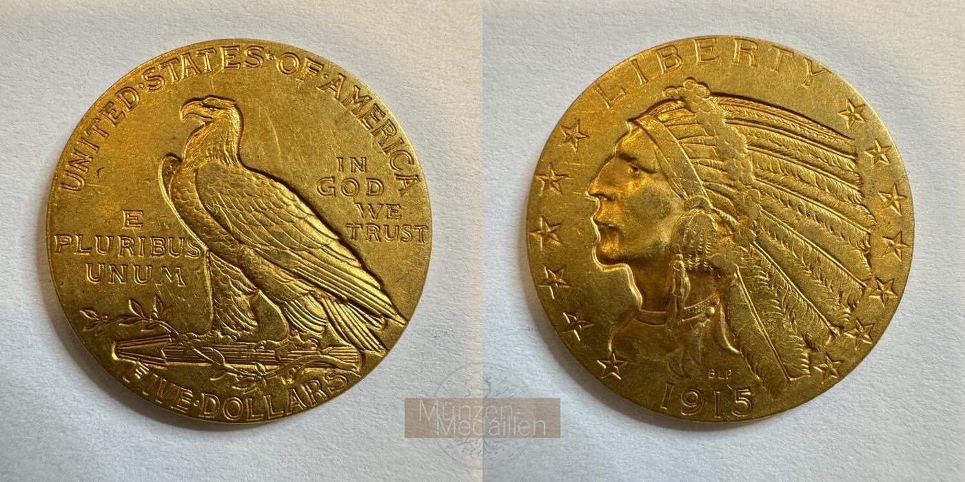  USA 5 Dollars (Indian Head) 1915 (1908-1929) MM-Frankfurt KM#129 Feingold: 7,524g   