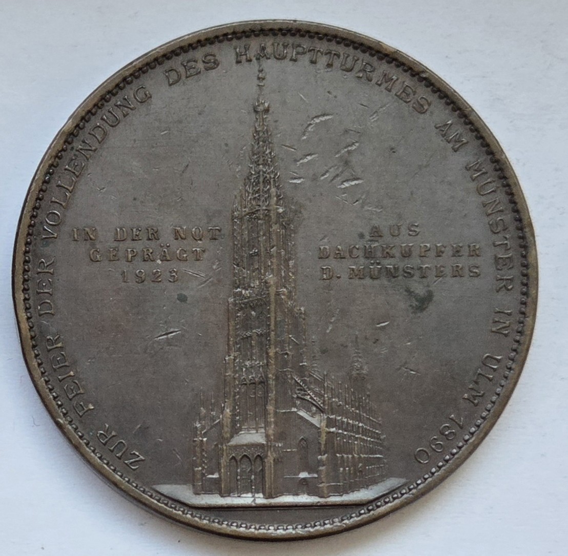  Bronzemedaille aus Dachkupfer des Ulmer Münsters von 1923   