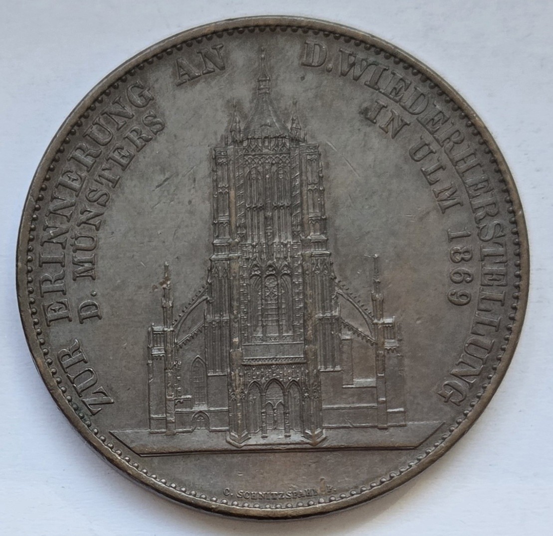  Bronzemedaille aus Dachkupfer des Ulmer Münsters von 1923   